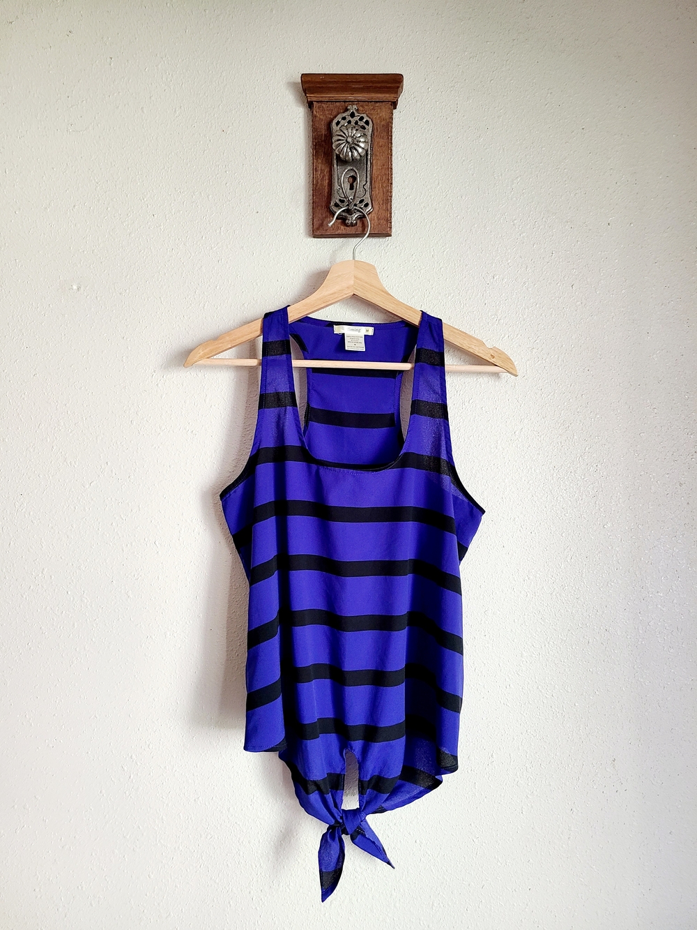 Timing Blue and Black Striped Tie-Front Tank